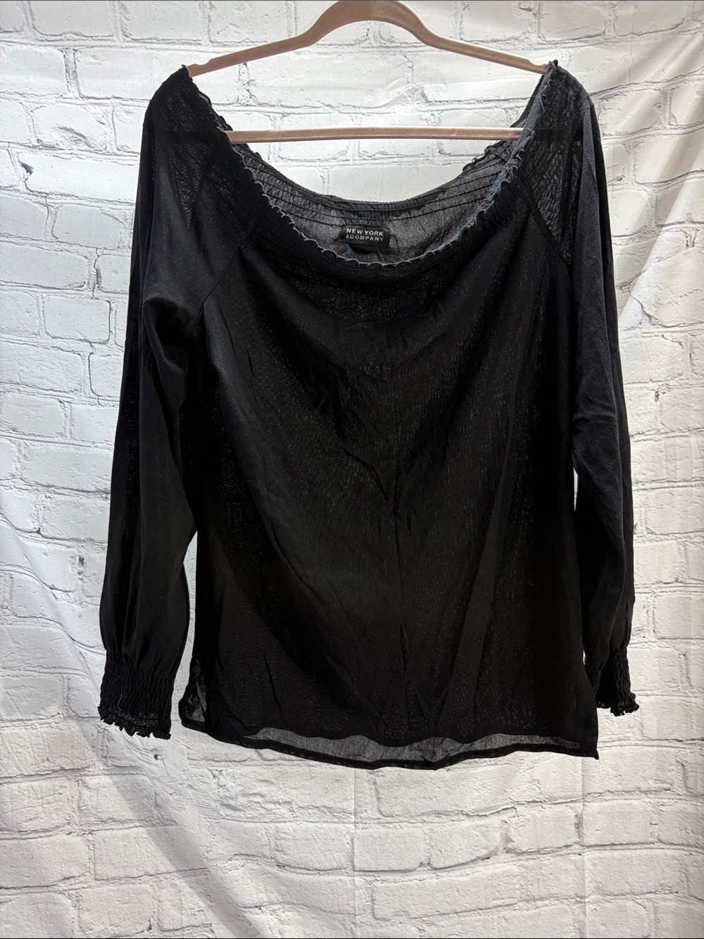 New York & Company Black Sheer Long Sleeve Off Shoulder Blouse
